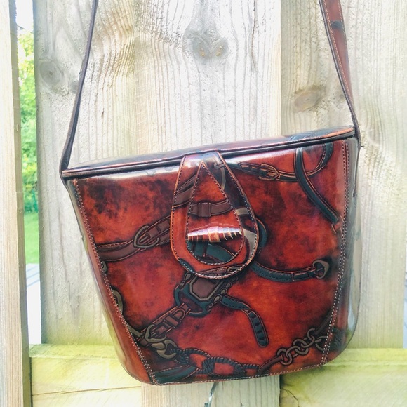 Sondra Roberts Handbags - VTG Embossed Tooled Leather Equestrian Horse-bit Shoulder Purse Sondra Roberts